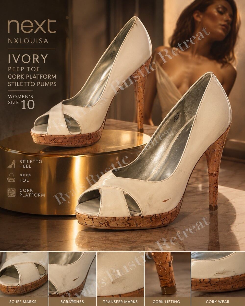 Next Louisa Ivory Peep Toe Cork Platform Stiletto Pumps Women’s Size 10 DK